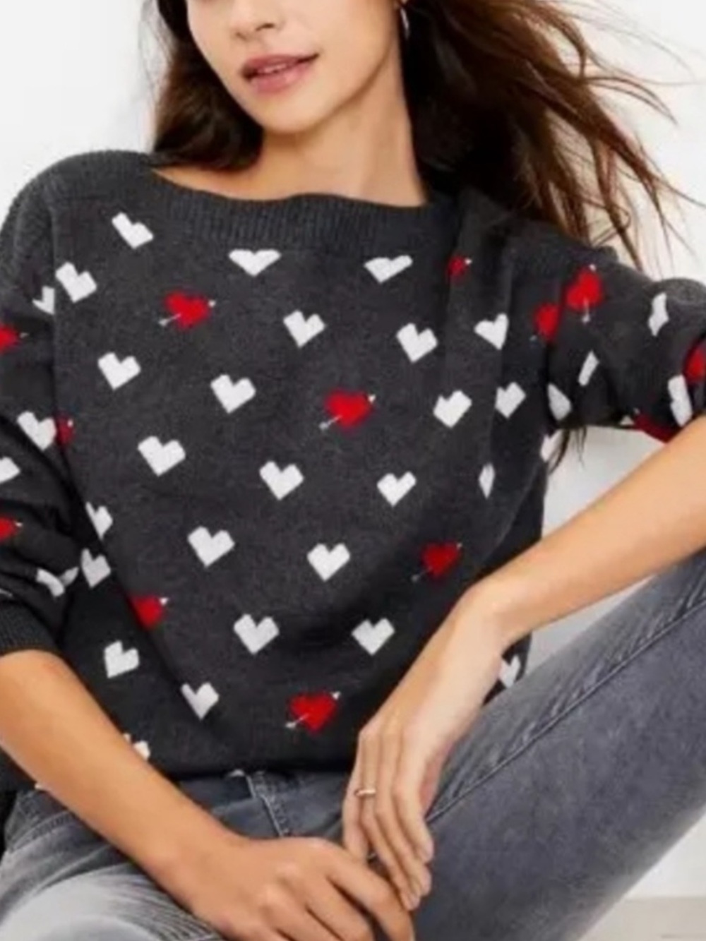 Loft Charcoal Heart-Print Women's Sweater - Red & White Hearts. Size Sm